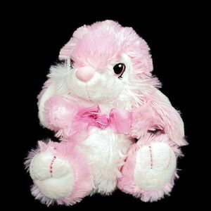 Dan Dee Easter Bunny Rabbit 7" Pink White Bow Basket Spring Fluffy Furry Sitting